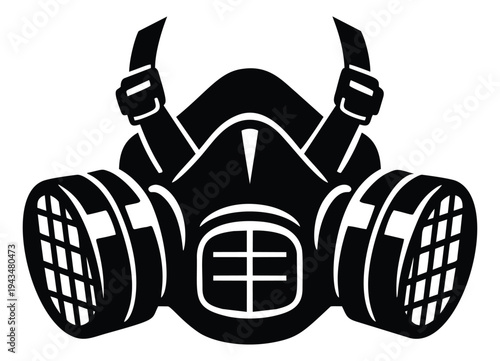Silhouette illustration of a gas mask depicting protective respirator equipment for industrial and safety design