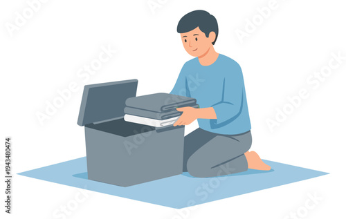 Flat illustration of a boy kneeling and placing folded clothes into a storage box depicting tidying and organization for household and lifestyle design