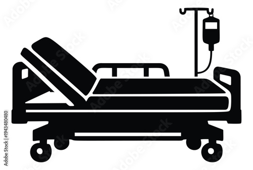 Silhouette illustration of hospital bed depicting medical equipment with IV drip stand for healthcare design