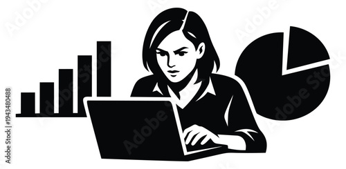 Bold silhouette illustration of businesswoman working on laptop depicting data analysis with bar chart and pie chart for business and finance design