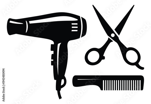 Silhouette icon set of 3 hair salon tools featuring scissors, hair dryer and comb for beauty and barbershop design
