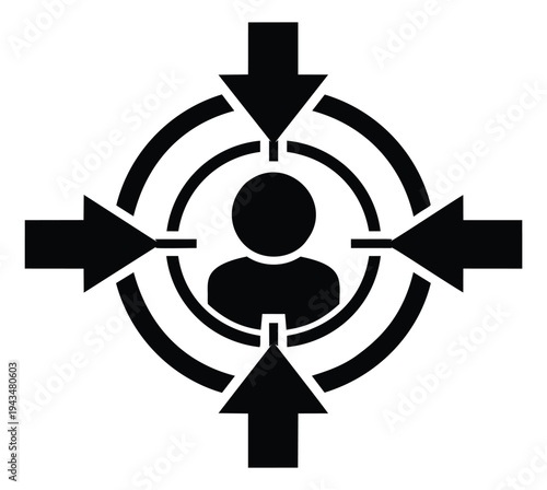 Silhouette illustration of targeted person depicting crosshair focus with directional arrows for business and marketing design