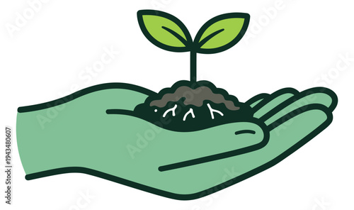 Cartoon illustration of a green hand holding a seedling depicting plant growth and environmental care for ecology and sustainability design