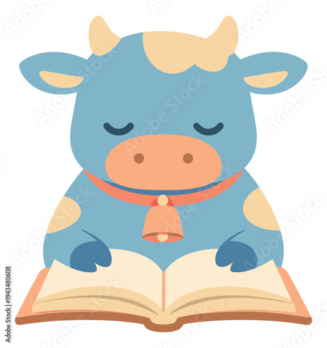 Flat cartoon illustration of a cute cow depicting reading a book for children education design