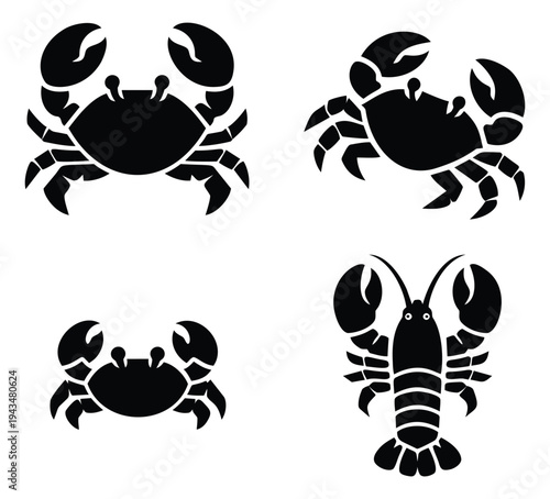 Silhouette icon set of 4 crustaceans featuring crab and lobster designs for seafood and marine themes