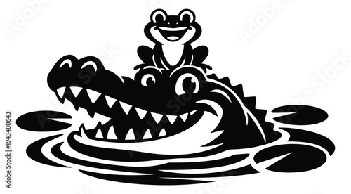 Cartoon silhouette illustration of a smiling crocodile with frog riding on its head depicting swamp animal friendship for children design