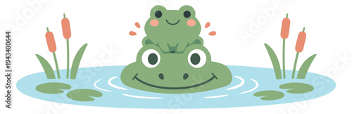 Flat cartoon illustration of two frogs depicting a baby frog sitting on parent in a pond with cattails for children and nature design