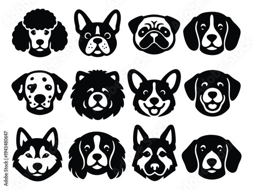 Flat icon set of 12 dog breeds featuring poodle, pug, corgi, husky and spaniel faces for pet and animal design