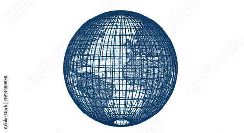 Global Network Globe Wireframe - Blue Digital Earth Grid on White Background