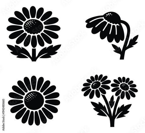 Silhouette icon set of 4 daisy and sunflower designs featuring blooming petals and stems for floral and nature design