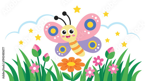 Happy colorful butterfly with flowers and stars horizontal banner