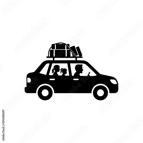 Family road trip with luggage on car roof.