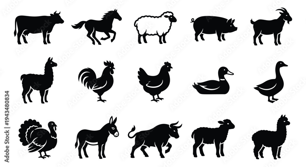 Fototapeta premium Silhouette icon set of 15 farm animals featuring cow, horse, sheep, pig, goat, llama, rooster, hen, duck, goose, turkey, donkey, bull and lamb for agriculture design