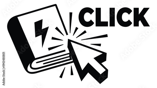 Bold cartoon illustration of a book with lightning bolt being clicked by cursor depicting interactive digital learning for education and technology design