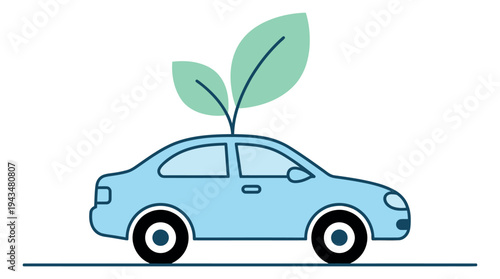 Cartoon illustration of an eco friendly car depicting a green leaf growing from the roof for sustainability and environmental design