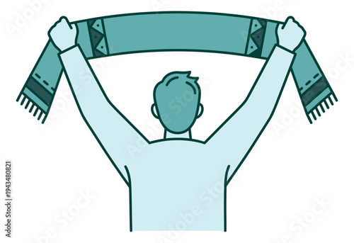 Flat illustration of sports fan depicting person holding scarf overhead in celebration for soccer and football design