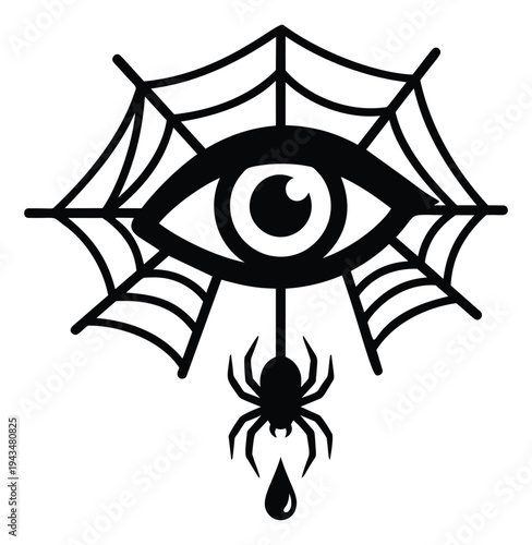 Bold flat illustration of an eye on a spiderweb depicting a mystical all seeing symbol with hanging spider for tattoo and occult design