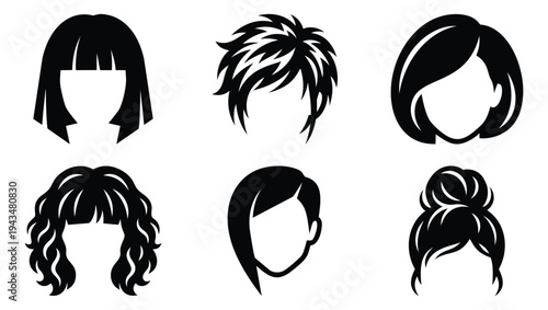 Silhouette icon set of 6 women hairstyles featuring bob, curly, updo and short cuts for beauty and salon design