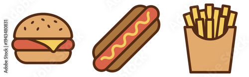 Flat icon set of 3 fast food items featuring burger, hot dog and french fries for restaurant and menu design