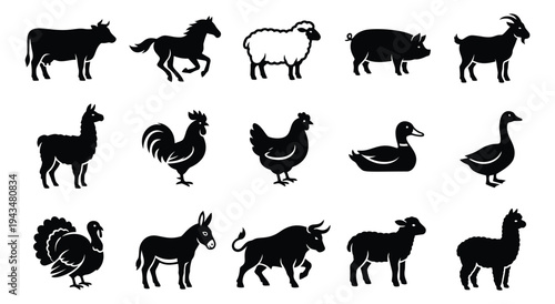 Silhouette icon set of 15 farm animals featuring cow, horse, sheep, pig, goat, llama, rooster, hen, duck, goose, turkey, donkey, bull and lamb for agriculture design