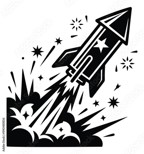 Woodcut illustration of a firework rocket depicting explosive launch with sparks and smoke clouds for celebration design