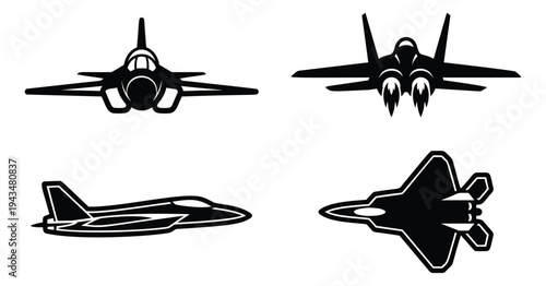 Silhouette icon set of 4 military jet fighters featuring front view side view and top view angles for aviation design