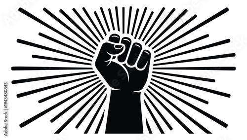 Bold silhouette illustration of raised fist depicting power and resistance with sunburst rays for protest and activism design