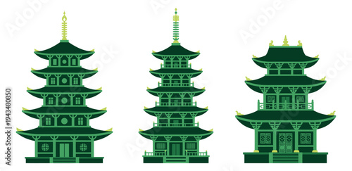 Flat icon set of 3 Asian pagoda towers featuring tiered roofs and golden details for cultural and travel design
