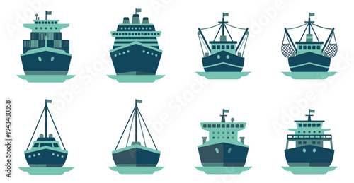 Flat icon set of 8 nautical vessels featuring cargo ship, cruise liner, fishing boat and sailboat designs for maritime use