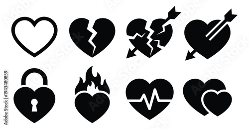 Silhouette icon set of 8 heart symbols featuring broken heart, flame, lock, arrow, and heartbeat concepts for love and Valentine design