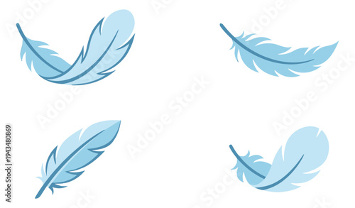 Flat icon set of 4 blue feathers featuring lightweight plume designs in various poses for nature and beauty projects