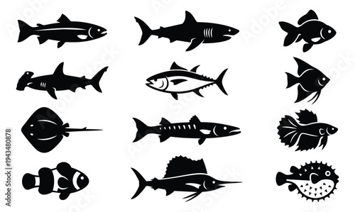 Silhouette icon set of 12 sea creatures featuring shark, tuna, clownfish, stingray, pufferfish and sailfish for marine design