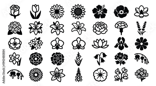 Mixed style icon set of 35 flowers featuring rose, tulip, daisy, orchid, lotus and wildflowers for botanical design