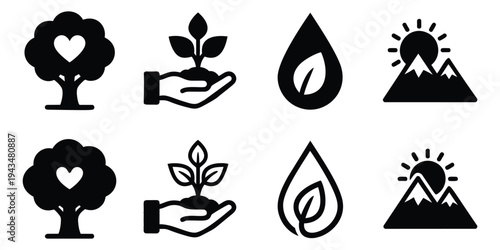 Flat and silhouette icon set of 8 nature symbols featuring tree, plant, water drop and mountain for ecology design
