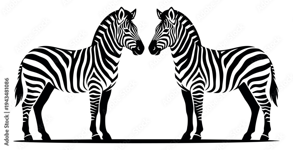 Naklejka premium Bold engraving illustration of two zebras depicting a face to face encounter for wildlife and safari design