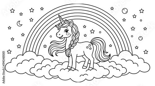 Cute unicorn on clouds with rainbow and stars coloring page