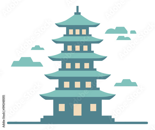 Flat illustration of a traditional Asian pagoda depicting a multi tiered tower with clouds for travel and culture design