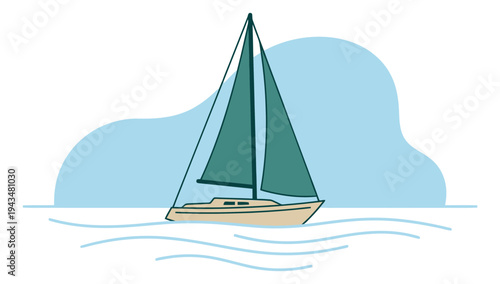 Cartoon illustration of a sailboat depicting a vessel sailing on calm ocean waves for nautical and travel design