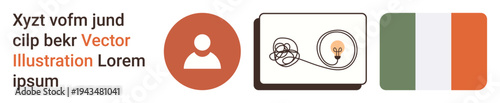 Identity verification, brainstorming, problem-solving, national symbol, digital design, concepts. Profile icon, tangled lines and bulb Ireland flag. Identity verification and brainstorming elements