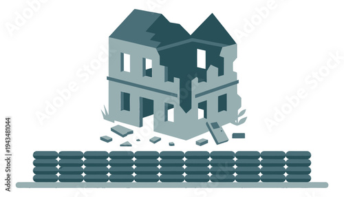 Flat illustration of a collapsed building depicting earthquake destruction over sandbags for disaster and insurance design