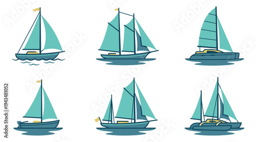 Flat icon set of 6 sailboats featuring various vessel types with teal sails for nautical and travel design