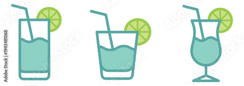 Flat icon set of 3 summer drinks featuring tall glass, rocks glass and stemmed goblet with lime and straw for beverage design