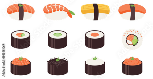 Flat icon set of 12 Japanese sushi pieces featuring nigiri, maki rolls and temaki varieties for food and restaurant design