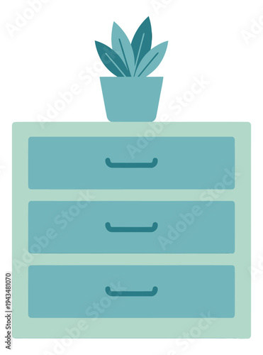 Flat illustration of a dresser with plant depicting teal bedroom furniture with potted succulent for home decor design