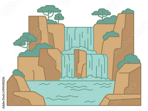 Flat illustration of a scenic waterfall depicting cascading water and rocky cliffs with trees for nature and travel design
