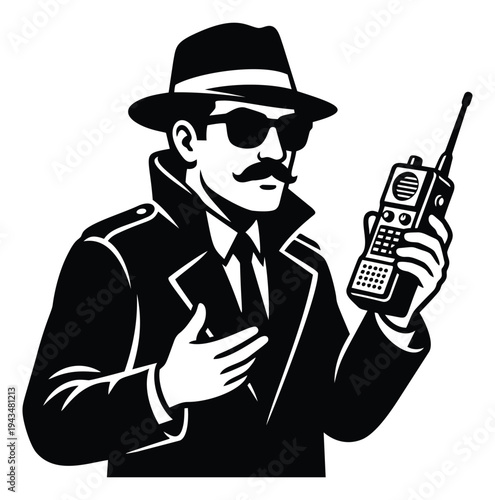 Bold cartoon illustration of a spy agent depicting a mysterious figure holding a walkie talkie for security and entertainment design