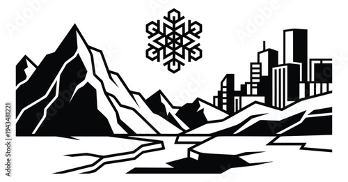 Bold woodcut illustration of winter mountain landscape depicting snowy peaks and city skyline with snowflake for seasonal design
