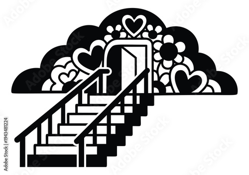 Cartoon silhouette illustration of stairway to heaven depicting steps leading to a heart adorned door among clouds and flowers for spiritual and romantic design