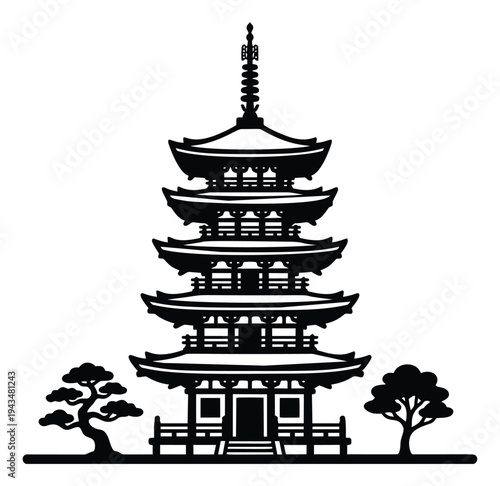 Silhouette illustration of a five story Japanese pagoda depicting traditional architecture with bonsai trees for cultural and travel design