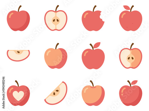 Flat icon set of 12 apple varieties featuring whole, sliced, bitten and halved fruit for food and nutrition design